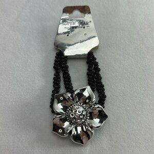 Superstar Accessories Silver Flower Black Beads Stretch Bracelet NWT